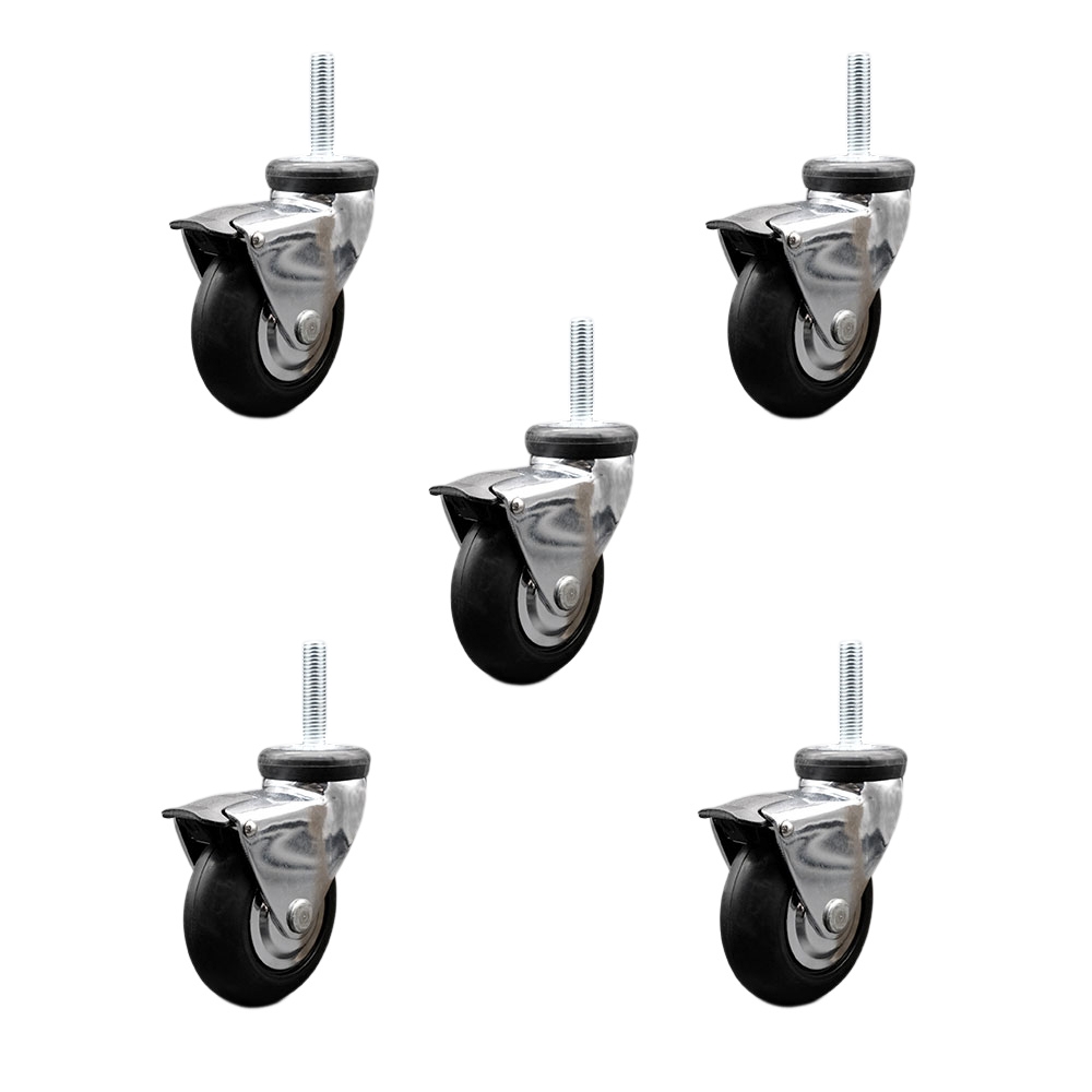 3 Inch Swivel Caster Wheels for Furniture - Bright Chrome Hooded Neoprene Rubber Wheel with 12mm - 1.75 x 1-1/2 Inch Metric Threaded Stem and Brake-550lbs. Total Capacity-Set of 5-Service Caster Brand — photo 1