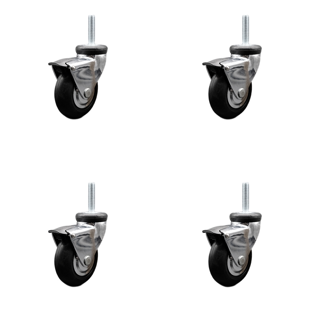 3 Inch Swivel Caster Wheels for Furniture - Bright Chrome Hooded Neoprene Rubber Wheel with 8mm - 1.25 x 1-1/2 Inch Metric Threaded Stem and Brake-440lbs. Total Capacity-Set of 4-Service Caster Brand — photo 1
