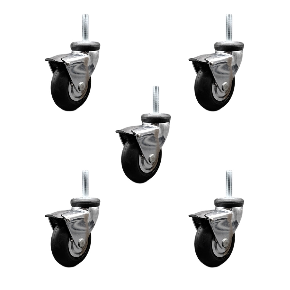 3 Inch Swivel Caster Wheels for Furniture - Bright Chrome Hooded Neoprene Rubber Wheel with 8mm - 1.25 x 1-1/2 Inch Metric Threaded Stem and Brake-550lbs. Total Capacity-Set of 5-Service Caster Brand — photo 1