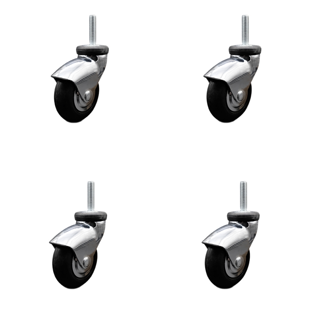 3 Inch Swivel Caster Wheels for Furniture - Bright Chrome Hooded Neoprene Rubber Wheel with 10mm - 1.50 x 1-1/2 Inch Metric Threaded Stem - 440 lbs. Total Capacity - Set of 4 - Service Caster Brand — photo 1