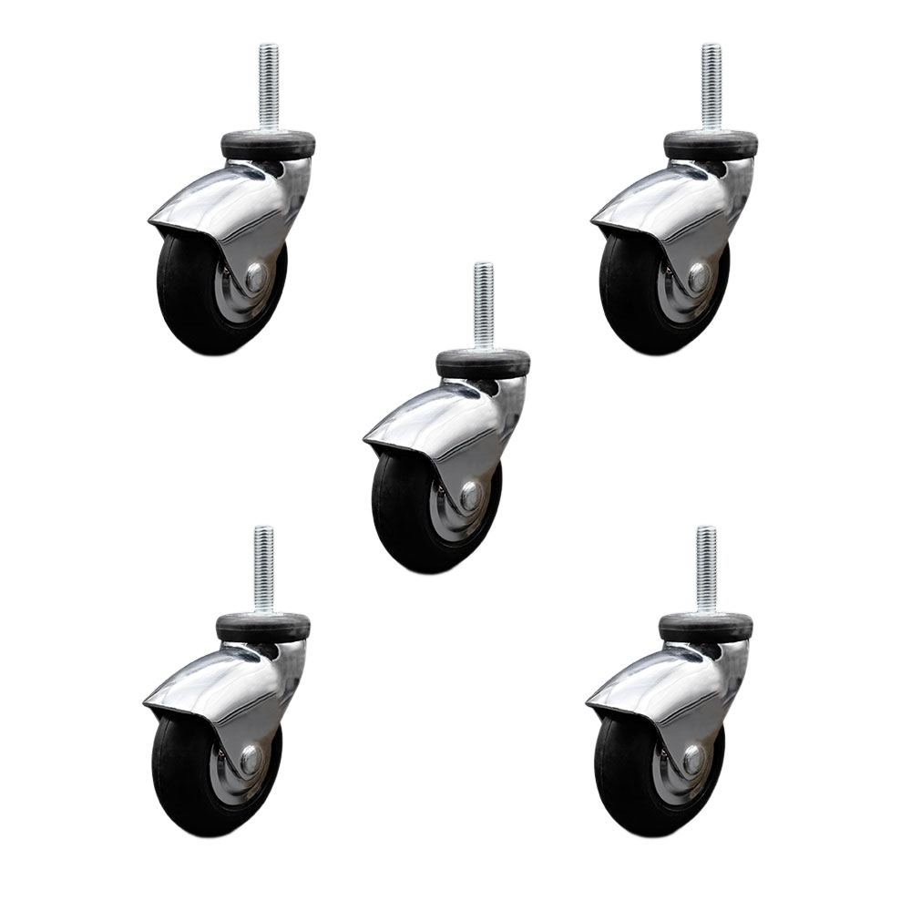 3 Inch Swivel Caster Wheels for Furniture - Bright Chrome Hooded Neoprene Rubber Wheel with 10mm - 1.50 x 1-1/2 Inch Metric Threaded Stem - 550 lbs. Total Capacity - Set of 5 - Service Caster Brand — photo 1
