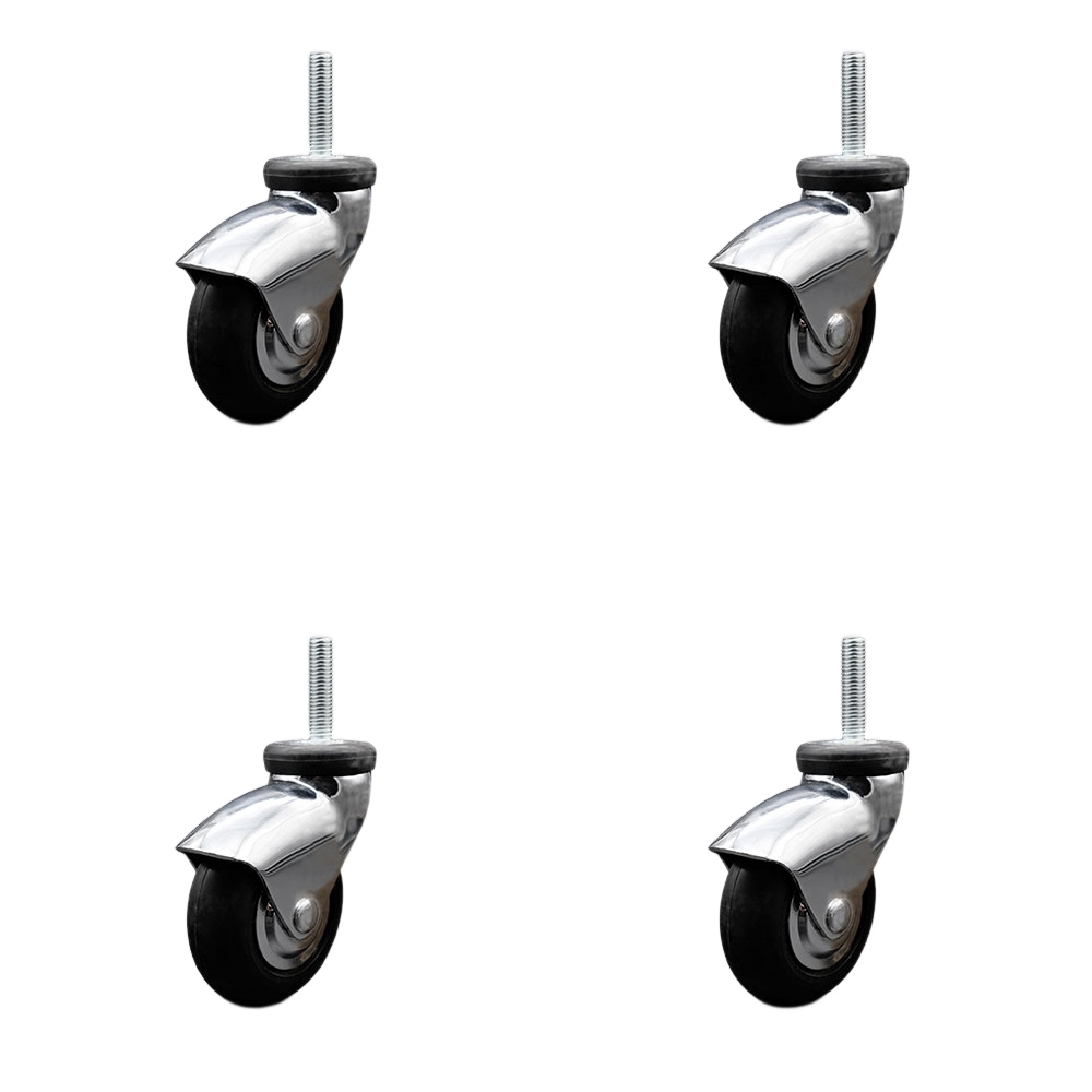 3 Inch Swivel Caster Wheels for Furniture - Bright Chrome Hooded Neoprene Rubber Wheel with 12mm - 1.75 x 1-1/2 Inch Metric Threaded Stem - 440 lbs. Total Capacity - Set of 4 - Service Caster Brand — photo 1