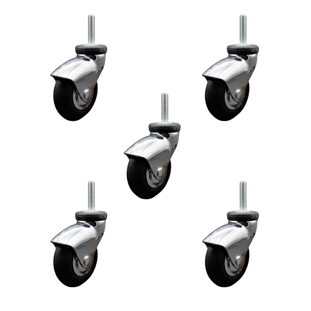 3 Inch Swivel Caster Wheels for Furniture - Bright Chrome Hooded Neoprene Rubber Wheel with 12mm - 1.75 x 1-1/2 Inch Metric Threaded Stem - 550 lbs. Total Capacity - Set of 5 - Service Caster Brand — photo 1