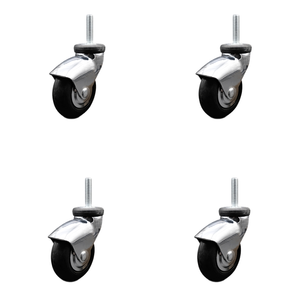 3 Inch Swivel Caster Wheels for Furniture - Bright Chrome Hooded Neoprene Rubber Wheel with 8mm - 1.25 x 1-1/2 Inch Metric Threaded Stem - 440 lbs. Total Capacity - Set of 4 - Service Caster Brand — photo 1
