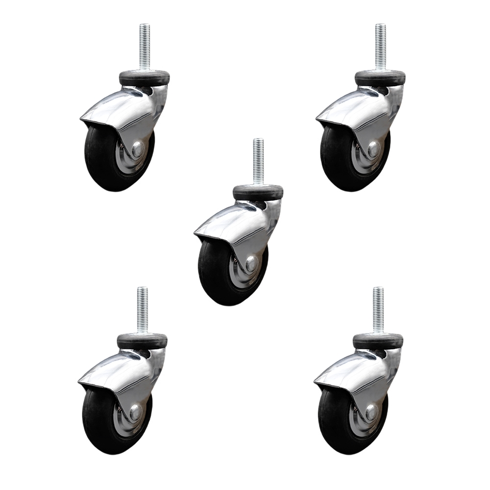 3 Inch Swivel Caster Wheels for Furniture - Bright Chrome Hooded Neoprene Rubber Wheel with 8mm - 1.25 x 1-1/2 Inch Metric Threaded Stem - 550 lbs. Total Capacity - Set of 5 - Service Caster Brand — photo 1