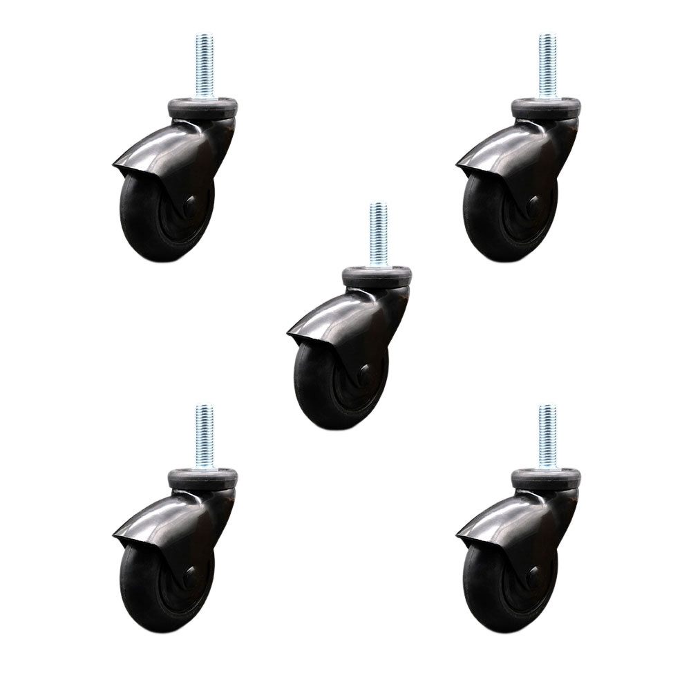3 Inch Swivel Caster Wheels for Furniture - Black Hooded Neoprene Rubber Wheel with 1/2 Inch - 13 TPI x 1-1/2 Inch Threaded Stem - 550 lbs. Total Capacity - Set of 5 - Service Caster Brand — photo 1