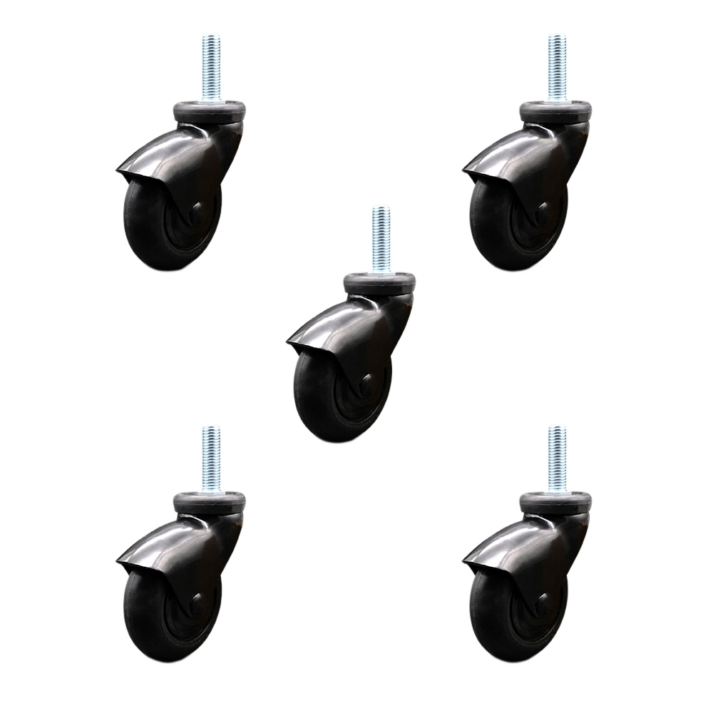 3 Inch Swivel Caster Wheels for Furniture - Black Hooded Neoprene Rubber Wheel with 3/8 Inch - 16 TPI x 1-1/2 Inch Threaded Stem - 550 lbs. Total Capacity - Set of 5 - Service Caster Brand — photo 1