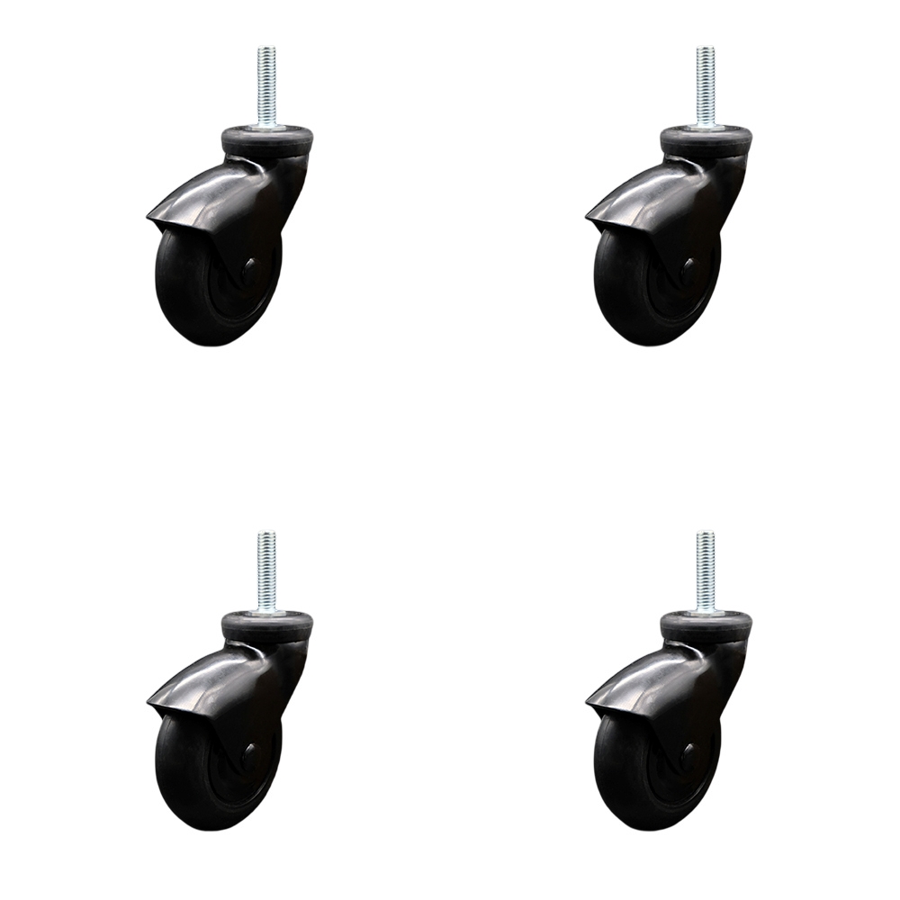 3 Inch Swivel Caster Wheels for Furniture - Black Hooded Neoprene Rubber Wheel with 10mm - 1.50 x 1-1/2 Inch Metric Threaded Stem - 440 lbs. Total Capacity - Set of 4 - Service Caster Brand — photo 1