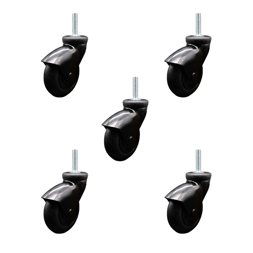 3 Inch Swivel Caster Wheels for Furniture - Black Hooded Neoprene Rubber Wheel with 10mm - 1.50 x 1-1/2 Inch Metric Threaded Stem - 550 lbs. Total Capacity - Set of 5 - Service Caster Brand — photo 1