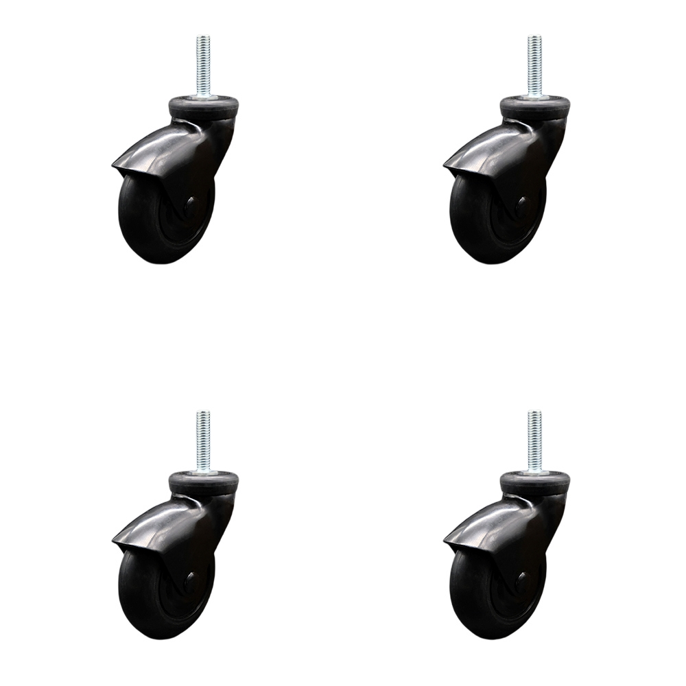 3 Inch Swivel Caster Wheels for Furniture - Black Hooded Neoprene Rubber Wheel with 12mm - 1.75 x 1-1/2 Inch Metric Threaded Stem - 440 lbs. Total Capacity - Set of 4 - Service Caster Brand — photo 1