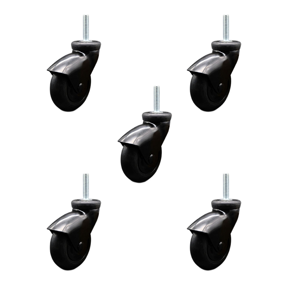 3 Inch Swivel Caster Wheels for Furniture - Black Hooded Neoprene Rubber Wheel with 12mm - 1.75 x 1-1/2 Inch Metric Threaded Stem - 550 lbs. Total Capacity - Set of 5 - Service Caster Brand — photo 1