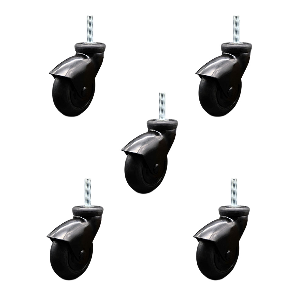 3 Inch Swivel Caster Wheels for Furniture - Black Hooded Neoprene Rubber Wheel with 8mm - 1.25 x 1-1/2 Inch Metric Threaded Stem - 550 lbs. Total Capacity - Set of 5 - Service Caster Brand — photo 1