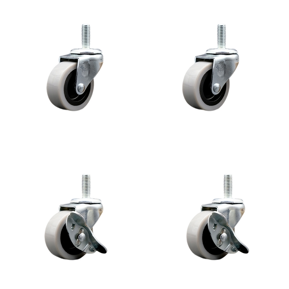 2 Inch Swivel Thermoplastic Rubber Casters Set of 4 - 1/2 Inch - 13 TPI x 1.5 Inch Threaded Stem Casters - Includes 2 with Side Lock Brakes - 320 lbs. Total Capacity - Service Caster Brand — photo 1