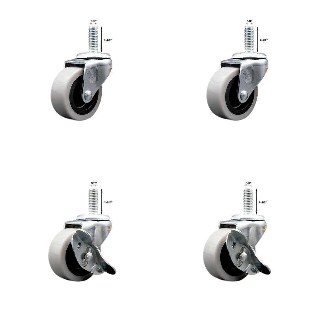 2 Inch Swivel Thermoplastic Rubber Casters Set of 4 - 3/8 Inch - 16 TPI x 1.5 Inch Threaded Stem Casters - Includes 2 with Side Lock Brakes - 320 lbs. Total Capacity - Service Caster Brand — photo 1