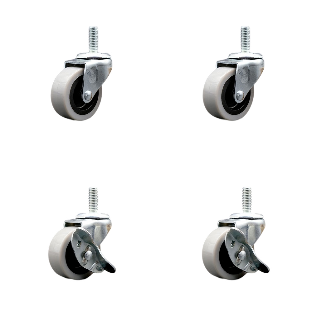 2 Inch Swivel Polyurethane Casters Set of 4 - 5/16 Inch - 18 TPI x 1 Inch Threaded Stem Casters - Includes 2 with Side Lock Brakes - 360 lbs. Total Capacity - Service Caster Brand — photo 1