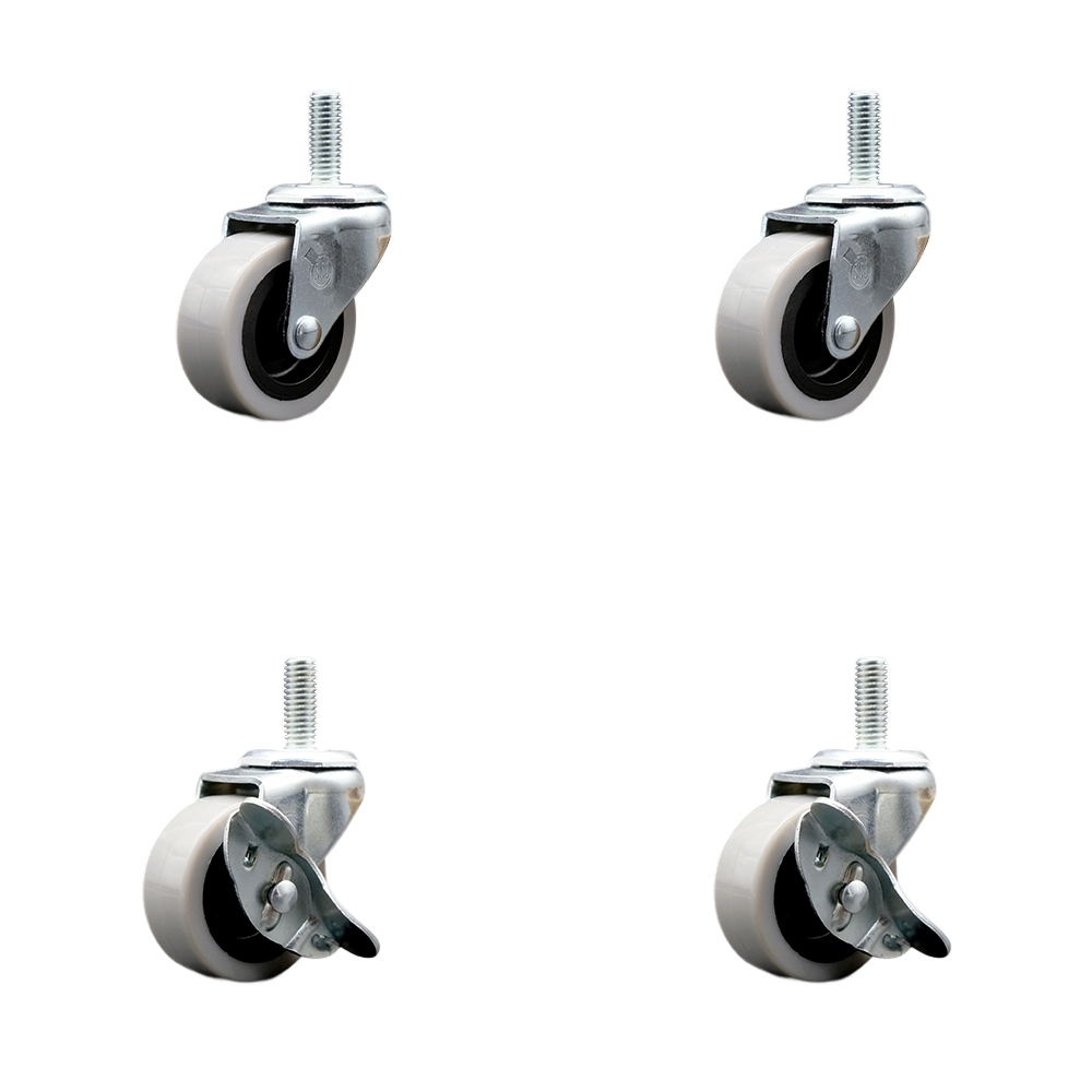 2 Inch Swivel Thermoplastic Rubber Casters Set of 4 - 10 mm - 1.50 TPI x 1.5 Inch Threaded Stem Casters - Includes 2 with Side Lock Brakes - 320 lbs. Total Capacity - Service Caster Brand — photo 1