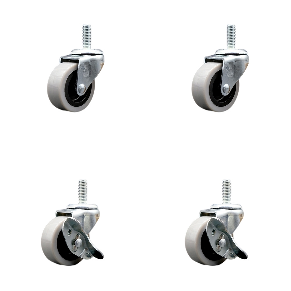 2 Inch Swivel Thermoplastic Rubber Casters Set of 4 - 12 mm - 1.75 TPI x 1.5 Inch Threaded Stem Casters - Includes 2 with Side Lock Brakes - 320 lbs. Total Capacity - Service Caster Brand — photo 1