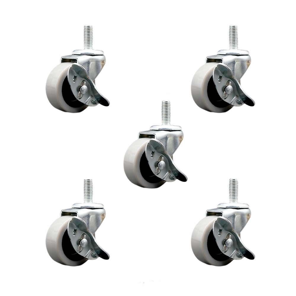 2 Inch Swivel Thermoplastic Rubber Caster Wheels and 1/2 Inch - 13 TPI x 1.5 Inch Threaded Stem Caster and Brake - 400 lbs. Total Capacity - Set of 5 - Service Caster Brand — photo 1