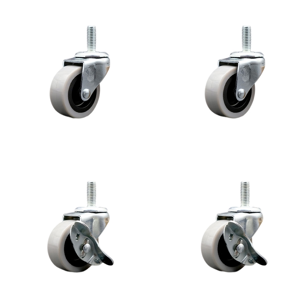 2 Inch Swivel Polyurethane Casters Set of 4 - 3/8 Inch - 16 TPI x 1 Inch Threaded Stem Casters - Includes 2 with Side Lock Brakes - 360 lbs. Total Capacity - Service Caster Brand — photo 1