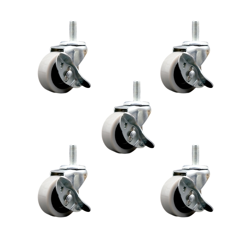 2 Inch Swivel Polyurethane Caster Wheels and 3/8 Inch - 16 TPI x 1 Inch Threaded Stem Caster and Brake - 450 lbs. Total Capacity - Set of 5 - Service Caster Brand — photo 1
