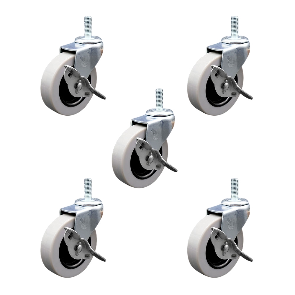 3 Inch Swivel Thermoplastic Rubber Caster Wheels and 12 mm - 1.75 TPI x 1.5 Inch Threaded Stem Caster and Brake - 550 lbs. Total Capacity - Set of 5 - Service Caster Brand — photo 1