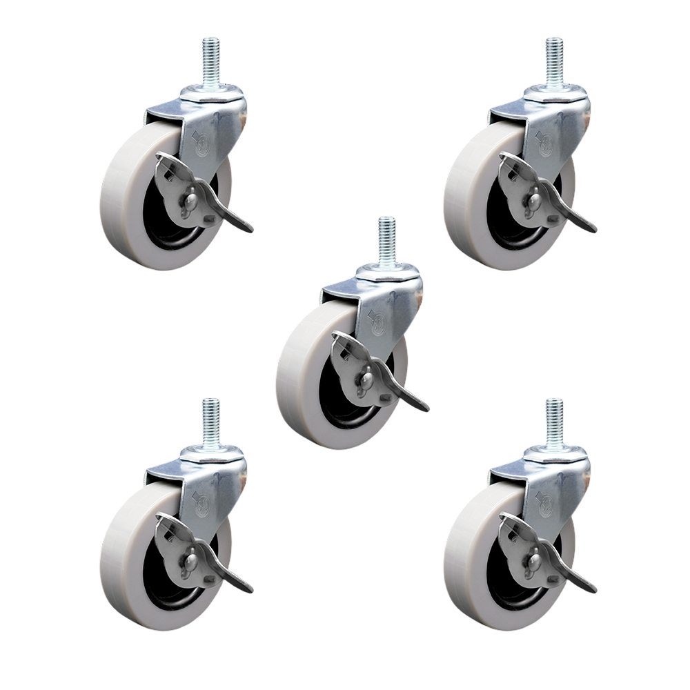 2 Inch Swivel Polyurethane Caster Wheels and 5/16 Inch - 18 TPI x 1 Inch Threaded Stem Caster and Brake - 550 lbs. Total Capacity - Set of 5 - Service Caster Brand — photo 1