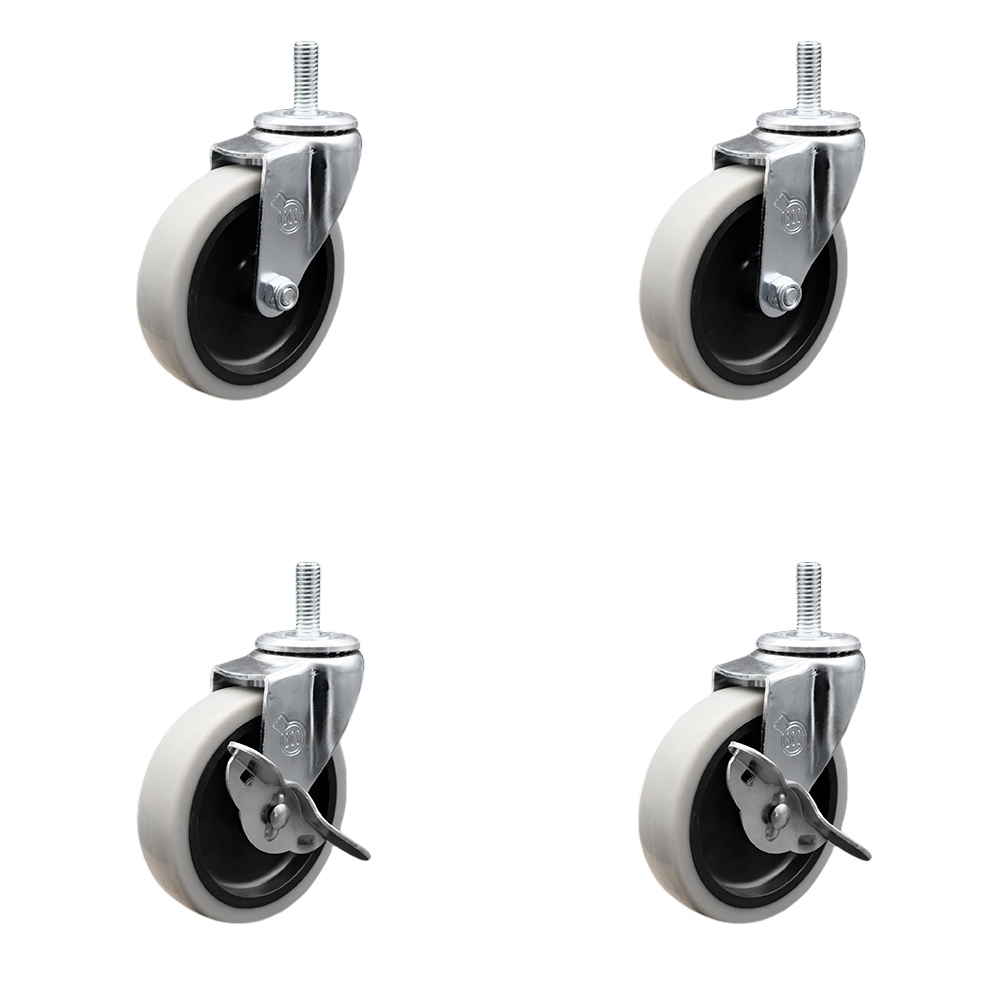 4 Inch Swivel Thermoplastic Rubber Casters Set of 4 - 1/2 Inch - 13 TPI x 1.5 Inch Threaded Stem Casters - Includes 2 with Side Lock Brakes - 500 lbs. Total Capacity - Service Caster Brand — photo 1