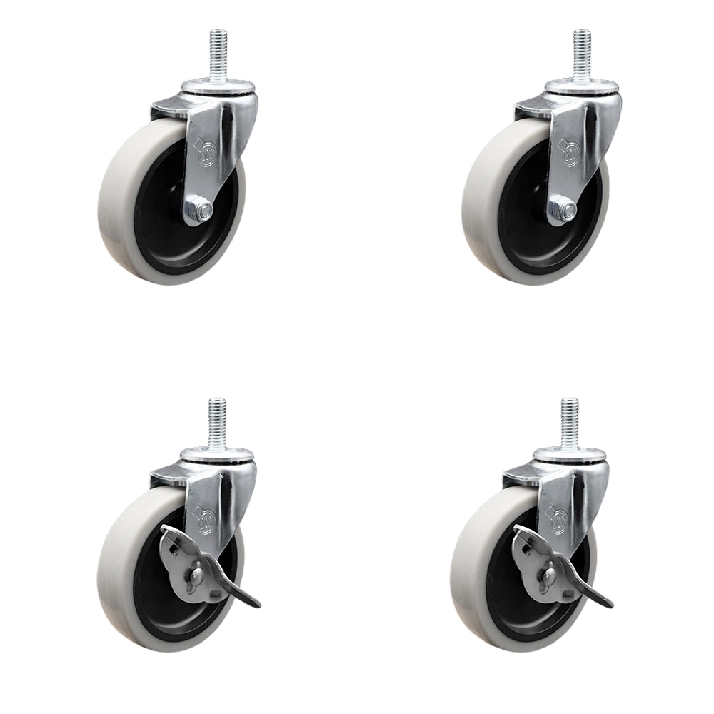 4 Inch Swivel Thermoplastic Rubber Casters Set of 4 - 3/8 Inch - 16 TPI x 1.5 Inch Threaded Stem Casters - Includes 2 with Side Lock Brakes - 500 lbs. Total Capacity - Service Caster Brand — photo 1