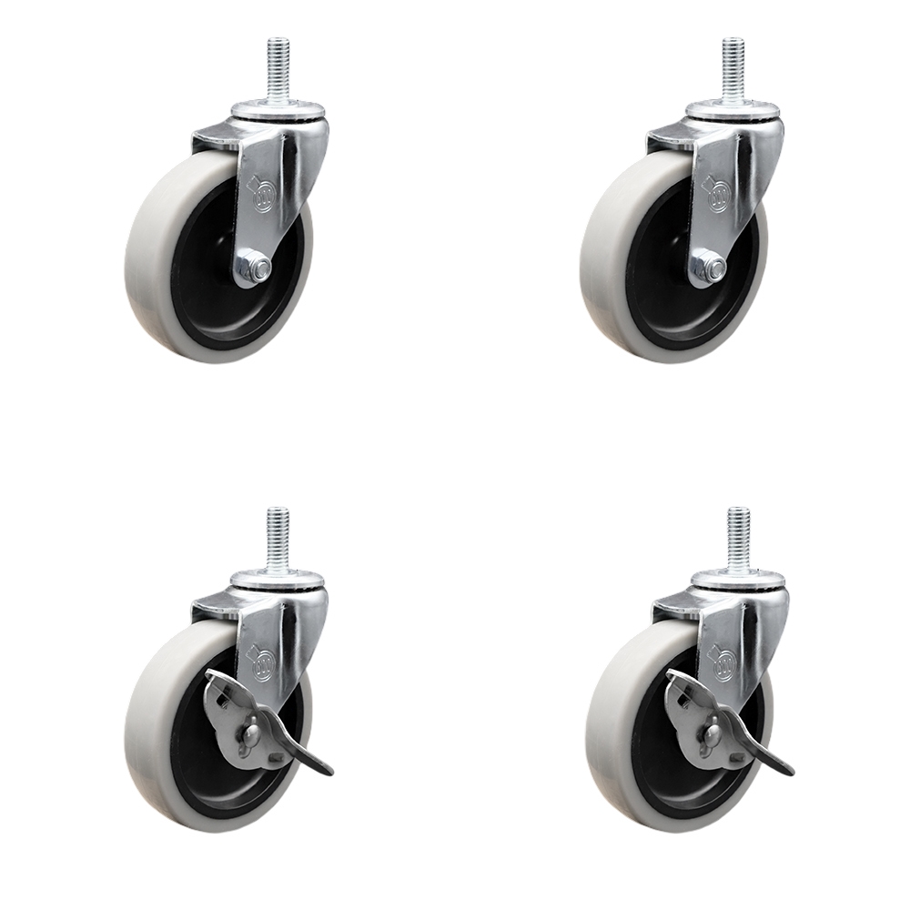 4 Inch Swivel Thermoplastic Rubber Casters Set of 4 - 5/16 Inch - 18 TPI x 1.5 Inch Threaded Stem Casters - Includes 2 with Side Lock Brakes - 500 lbs. Total Capacity - Service Caster Brand — photo 1