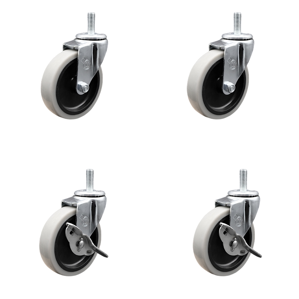 4 Inch Swivel Thermoplastic Rubber Casters Set of 4 - 10 mm - 1.50 TPI x 1.5 Inch Threaded Stem Casters - Includes 2 with Side Lock Brakes - 500 lbs. Total Capacity - Service Caster Brand — photo 1