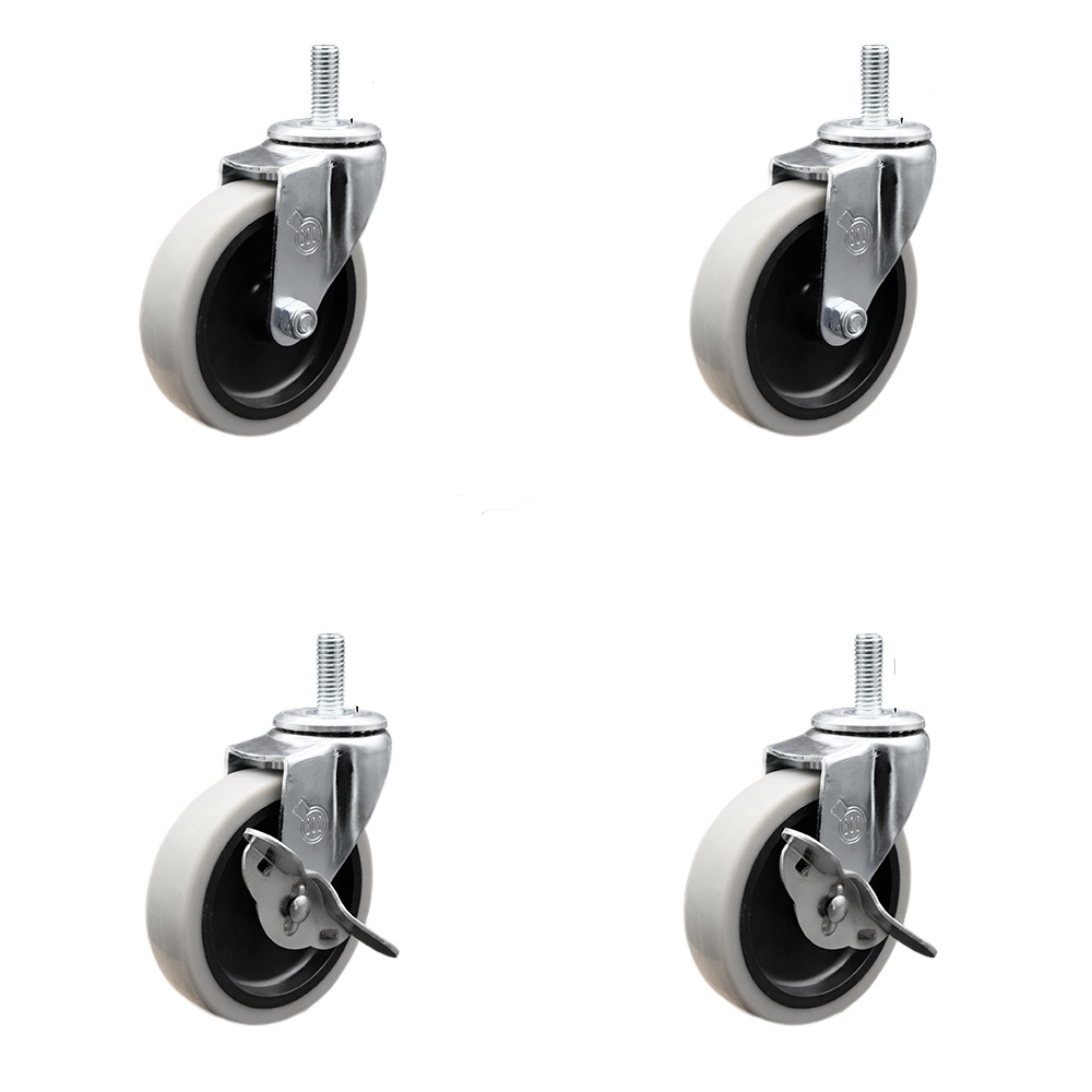4 Inch Swivel Thermoplastic Rubber Casters Set of 4 - 12 mm - 1.75 TPI x 1.5 Inch Threaded Stem Casters - Includes 2 with Side Lock Brakes - 500 lbs. Total Capacity - Service Caster Brand — photo 1