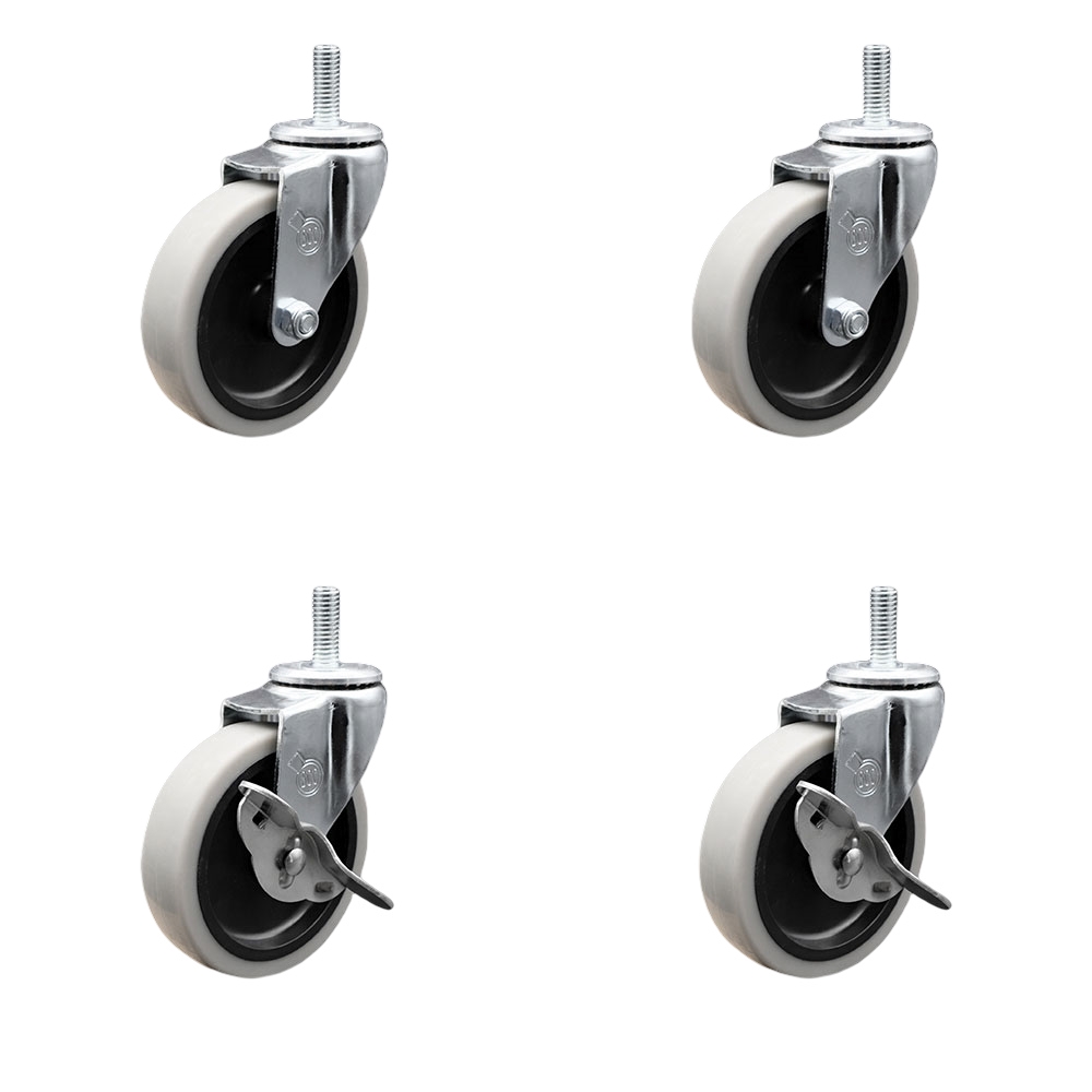 4 Inch Swivel Thermoplastic Rubber Casters Set of 4 - 8 mm - 1.25 TPI x 1.5 Inch Threaded Stem Casters - Includes 2 with Side Lock Brakes - 500 lbs. Total Capacity - Service Caster Brand — photo 1