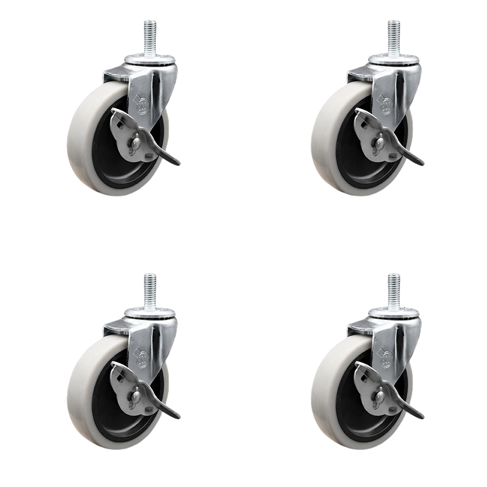 4 Inch Swivel Thermoplastic Rubber Caster Wheels and 1/2 Inch - 13 TPI x 1.5 Inch Threaded Stem Caster and Brake - 500 lbs. Total Capacity - Set of 4 - Service Caster Brand — photo 1