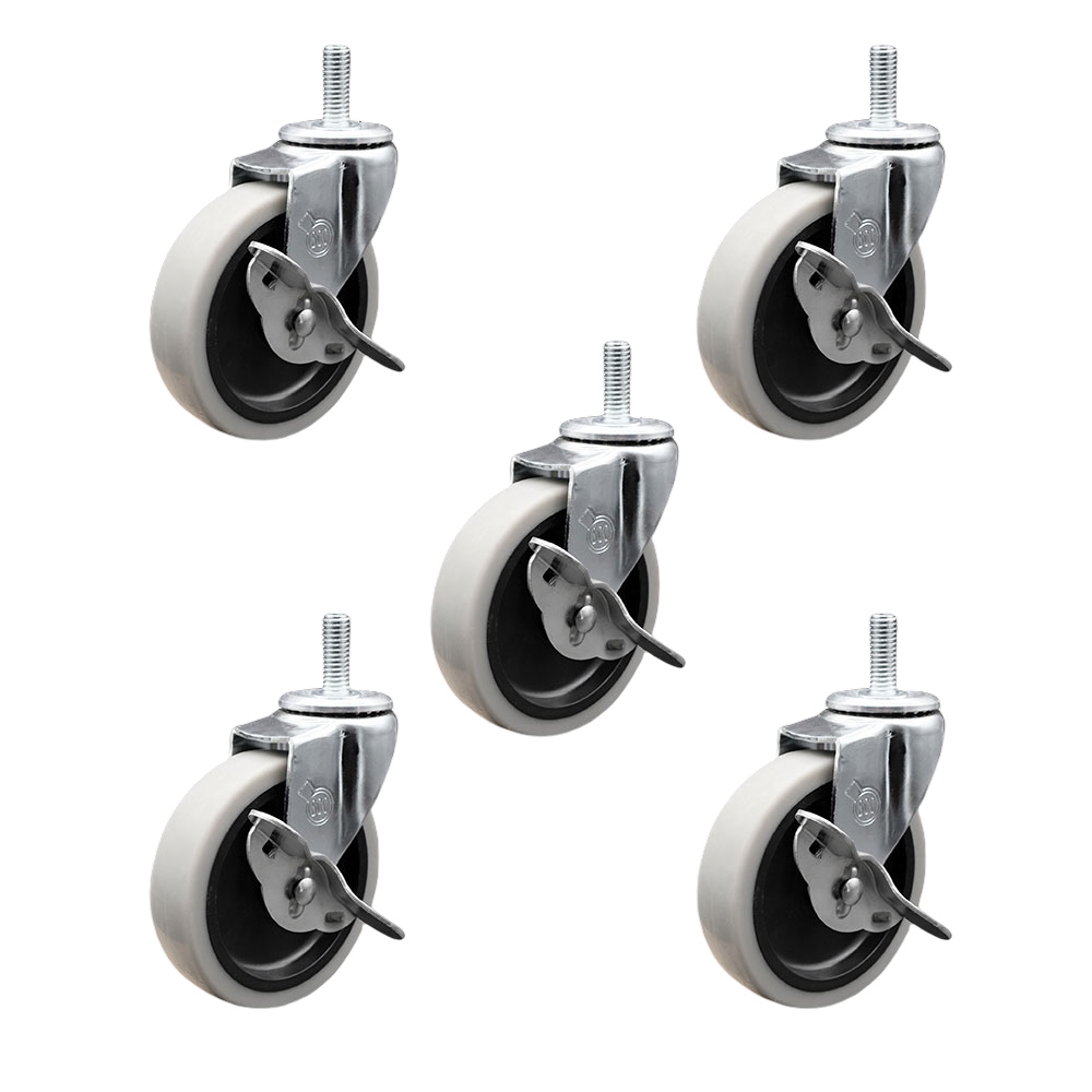 4 Inch Swivel Thermoplastic Rubber Caster Wheels and 1/2 Inch - 13 TPI x 1.5 Inch Threaded Stem Caster and Brake - 625 lbs. Total Capacity - Set of 5 - Service Caster Brand — photo 1