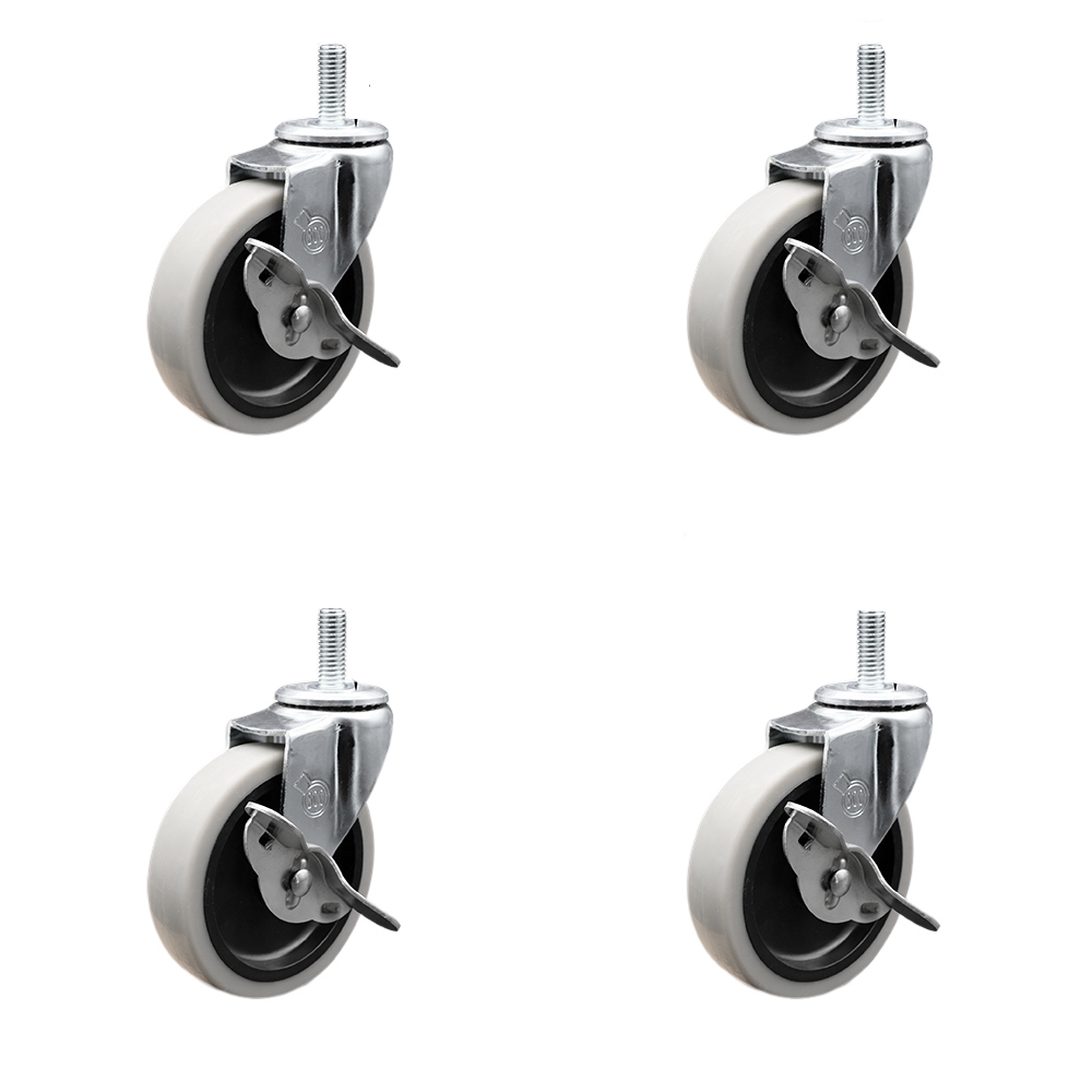 4 Inch Swivel Thermoplastic Rubber Caster Wheels and 3/8 Inch - 16 TPI x 1.5 Inch Threaded Stem Caster and Brake - 500 lbs. Total Capacity - Set of 4 - Service Caster Brand — photo 1