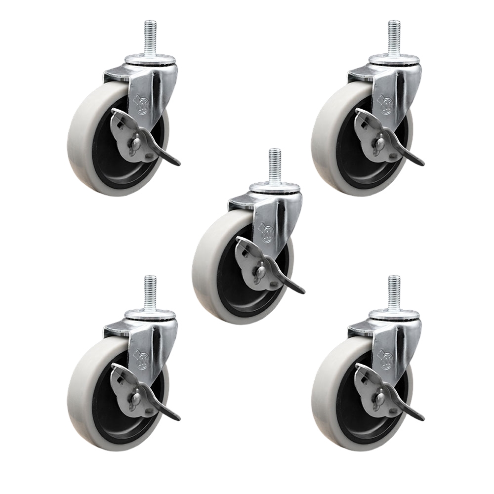 4 Inch Swivel Thermoplastic Rubber Caster Wheels and 3/8 Inch - 16 TPI x 1.5 Inch Threaded Stem Caster and Brake - 625 lbs. Total Capacity - Set of 5 - Service Caster Brand — photo 1