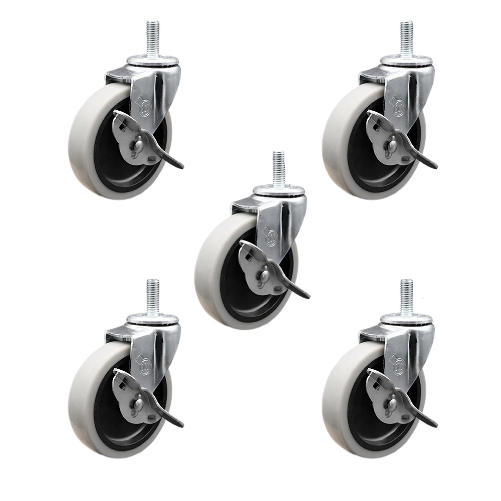 4 Inch Swivel Thermoplastic Rubber Caster Wheels and 5/16 Inch - 18 TPI x 1.5 Inch Threaded Stem Caster and Brake - 625 lbs. Total Capacity - Set of 5 - Service Caster Brand — photo 1