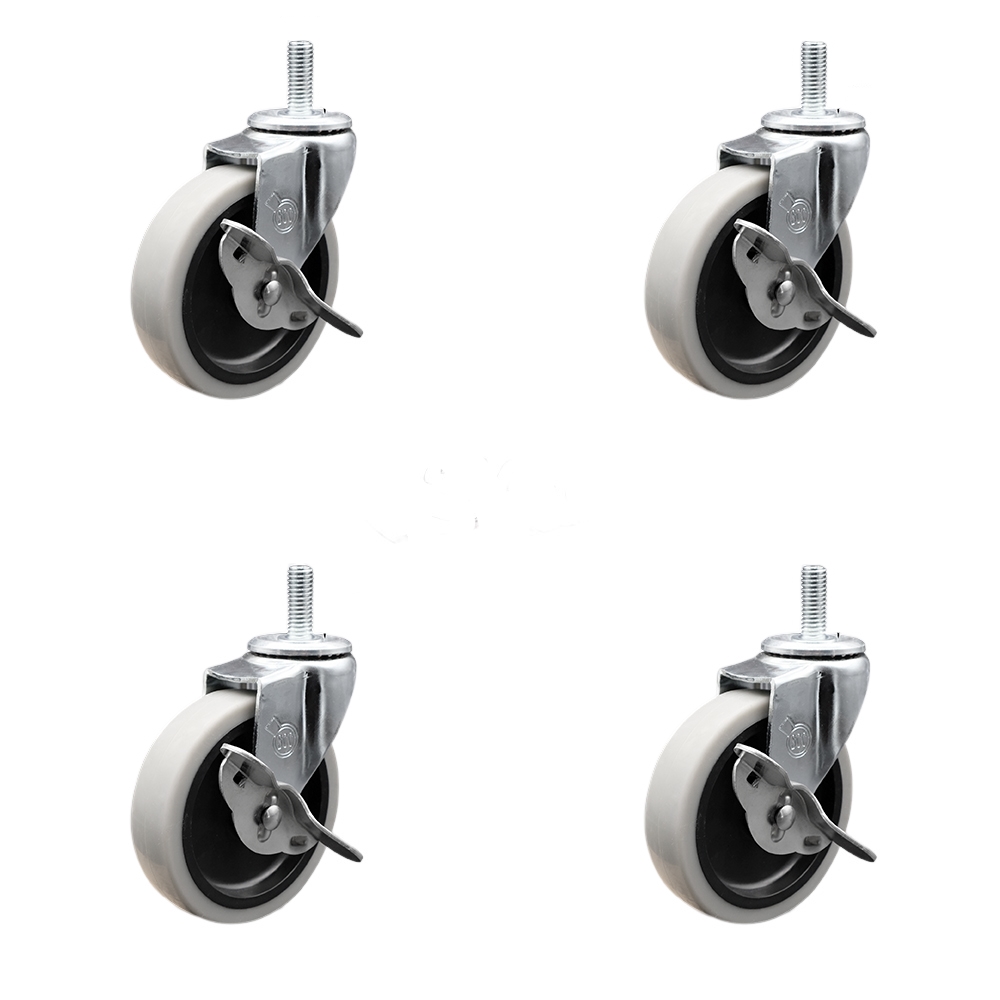 4 Inch Swivel Thermoplastic Rubber Caster Wheels and 10 mm - 1.50 TPI x 1.5 Inch Threaded Stem Caster and Brake - 500 lbs. Total Capacity - Set of 4 - Service Caster Brand — photo 1