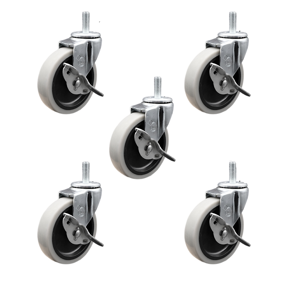 4 Inch Swivel Thermoplastic Rubber Caster Wheels and 10 mm - 1.50 TPI x 1.5 Inch Threaded Stem Caster and Brake - 625 lbs. Total Capacity - Set of 5 - Service Caster Brand — photo 1