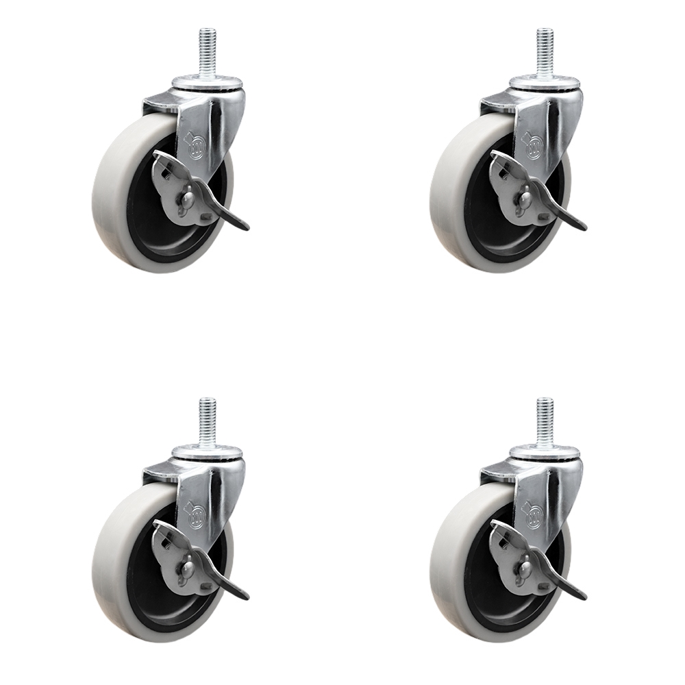4 Inch Swivel Thermoplastic Rubber Caster Wheels and 12 mm - 1.75 TPI x 1.5 Inch Threaded Stem Caster and Brake - 500 lbs. Total Capacity - Set of 4 - Service Caster Brand — photo 1