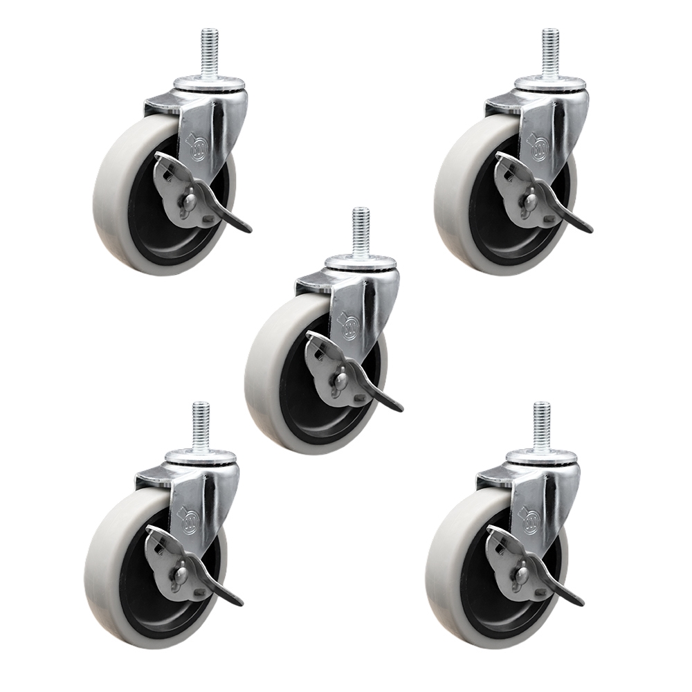 4 Inch Swivel Thermoplastic Rubber Caster Wheels and 12 mm - 1.75 TPI x 1.5 Inch Threaded Stem Caster and Brake - 625 lbs. Total Capacity - Set of 5 - Service Caster Brand — photo 1