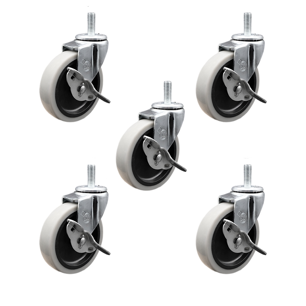 4 Inch Swivel Thermoplastic Rubber Caster Wheels and 8 mm - 1.25 TPI x 1.5 Inch Threaded Stem Caster and Brake - 625 lbs. Total Capacity - Set of 5 - Service Caster Brand — photo 1
