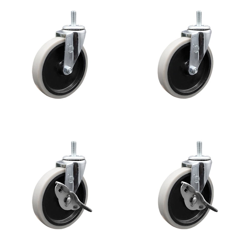 5 Inch Swivel Thermoplastic Rubber Casters Set of 4 - 1/2 Inch - 13 TPI x 1.5 Inch Threaded Stem Casters - Includes 2 with Side Lock Brakes - 520 lbs. Total Capacity - Service Caster Brand — photo 1