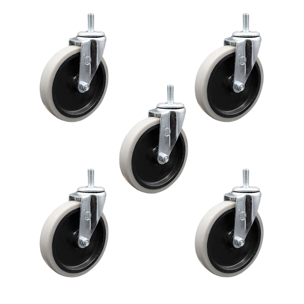 5 Inch Swivel Thermoplastic Rubber Caster Wheels and 1/2 Inch - 13 TPI x 1.5 Inch Threaded Stem Casters - 650 lbs. Total Capacity - Set of 5 - Service Caster Brand — photo 1