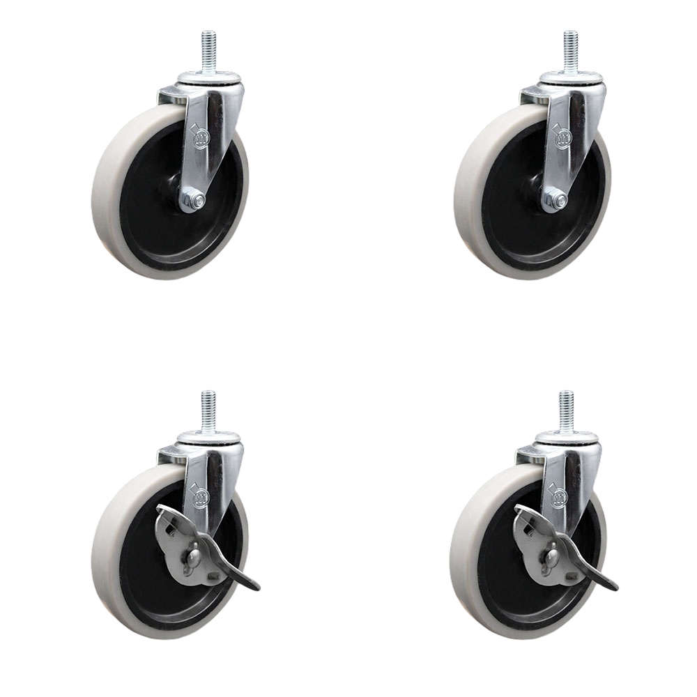 5 Inch Swivel Thermoplastic Rubber Casters Set of 4 - 3/8 Inch - 16 TPI x 1.5 Inch Threaded Stem Casters - Includes 2 with Side Lock Brakes - 520 lbs. Total Capacity - Service Caster Brand — photo 1
