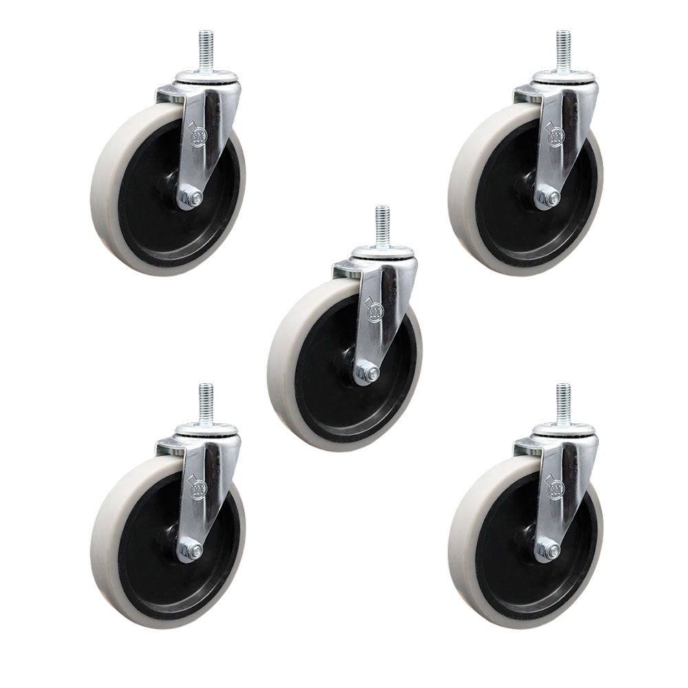 5 Inch Swivel Thermoplastic Rubber Caster Wheels and 3/8 Inch - 16 TPI x 1.5 Inch Threaded Stem Casters - 650 lbs. Total Capacity - Set of 5 - Service Caster Brand — photo 1
