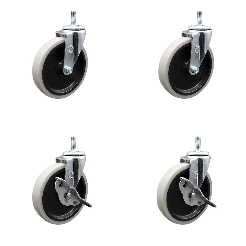 5 Inch Swivel Thermoplastic Rubber Casters Set of 4 - 5/16 Inch - 18 TPI x 1.5 Inch Threaded Stem Casters - Includes 2 with Side Lock Brakes - 520 lbs. Total Capacity - Service Caster Brand — photo 1