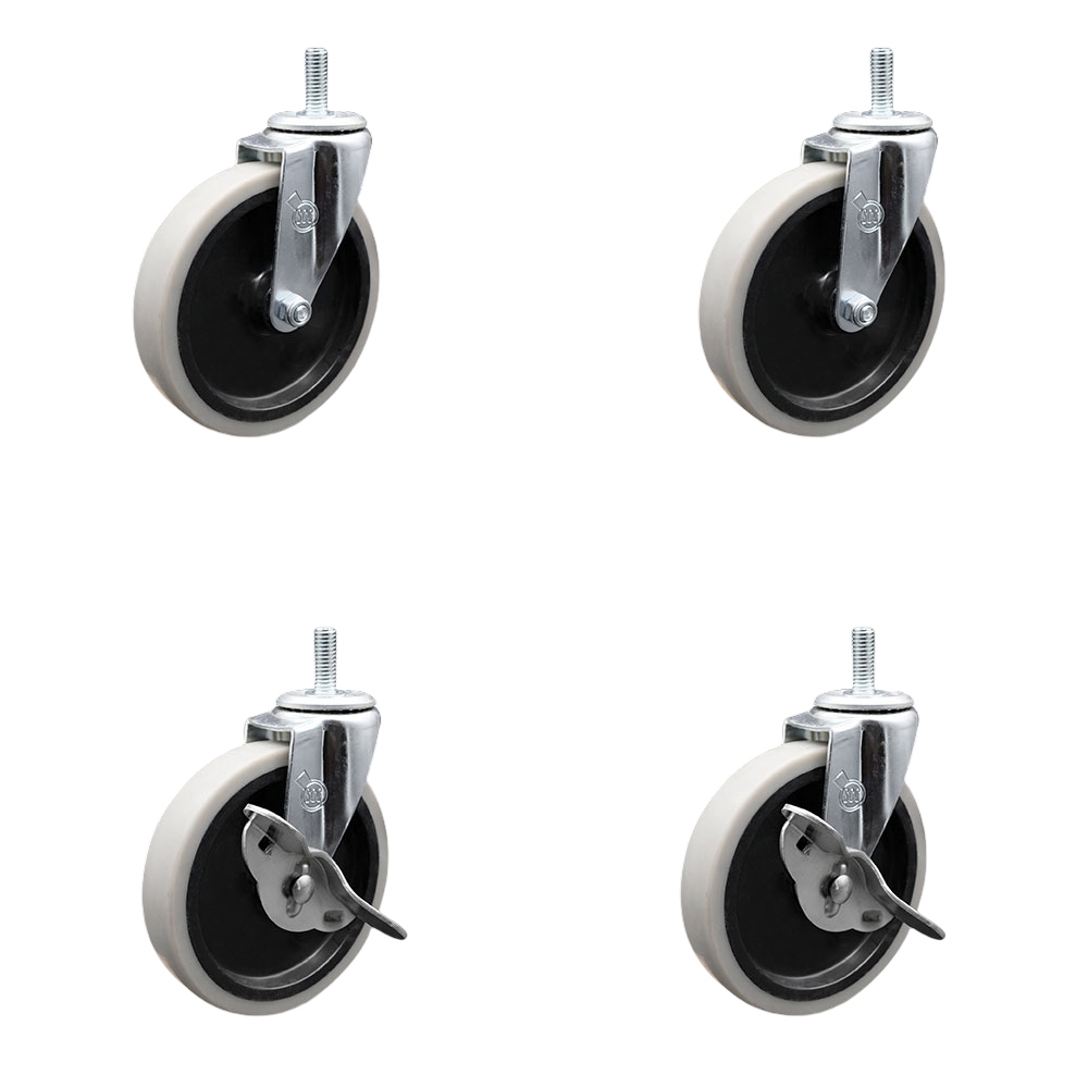 5 Inch Swivel Thermoplastic Rubber Casters Set of 4 - 10 mm - 1.50 TPI x 1.5 Inch Threaded Stem Casters - Includes 2 with Side Lock Brakes - 520 lbs. Total Capacity - Service Caster Brand — photo 1