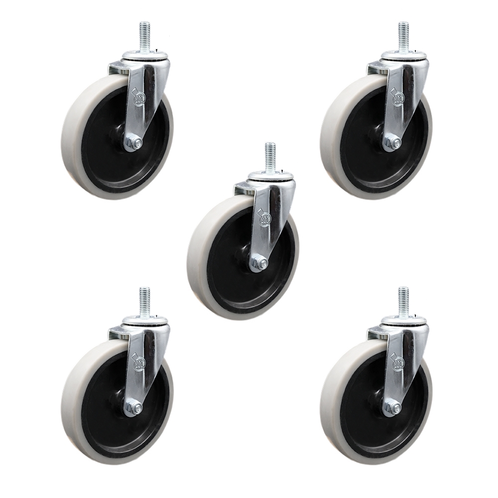 5 Inch Swivel Thermoplastic Rubber Caster Wheels and 10 mm - 1.50 TPI x 1.5 Inch Threaded Stem Casters - 650 lbs. Total Capacity - Set of 5 - Service Caster Brand — photo 1
