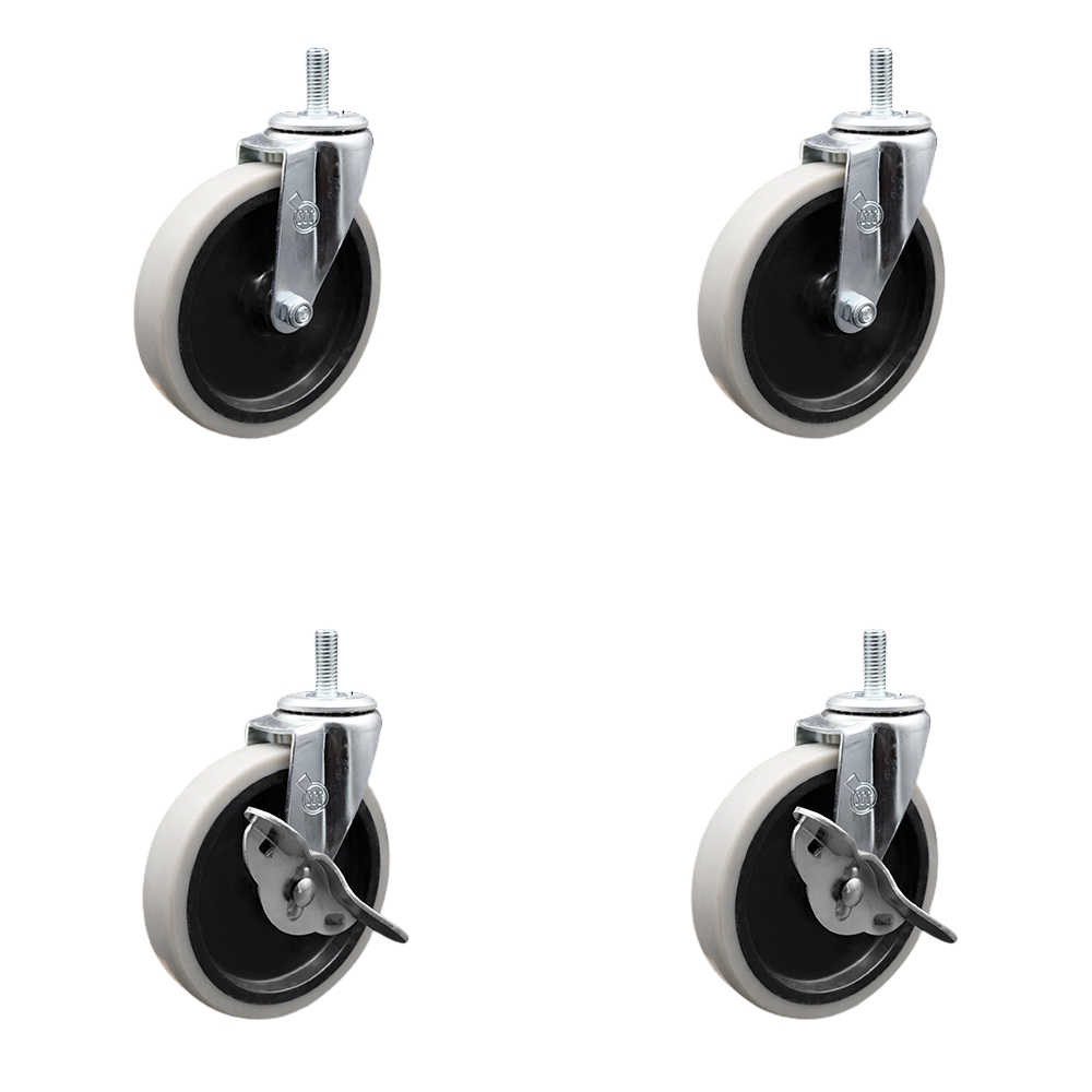 5 Inch Swivel Thermoplastic Rubber Casters Set of 4 - 12 mm - 1.75 TPI x 1.5 Inch Threaded Stem Casters - Includes 2 with Side Lock Brakes - 520 lbs. Total Capacity - Service Caster Brand — photo 1